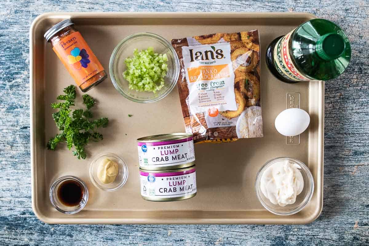 ingredients for gluten free crab cakes on sheet pan