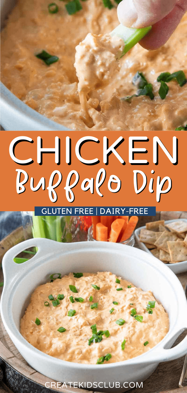 two Pinterest images of chicken buffalo dip