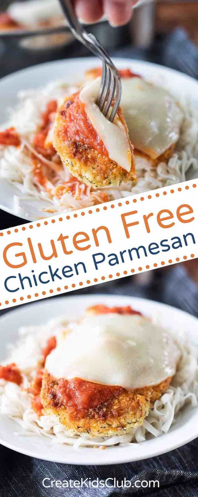 A Pinterest pin with two pictures of gluten free chicken parmesan on a bed of noodles.