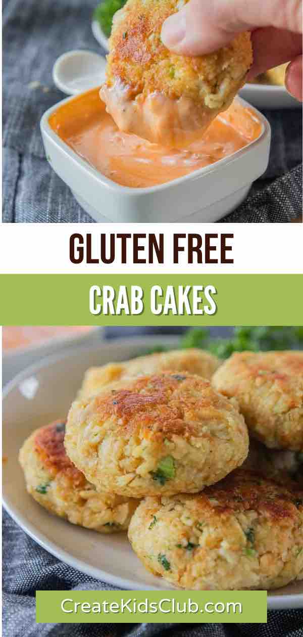 A Pinterest pin with two pictures of gluten free crab cakes.