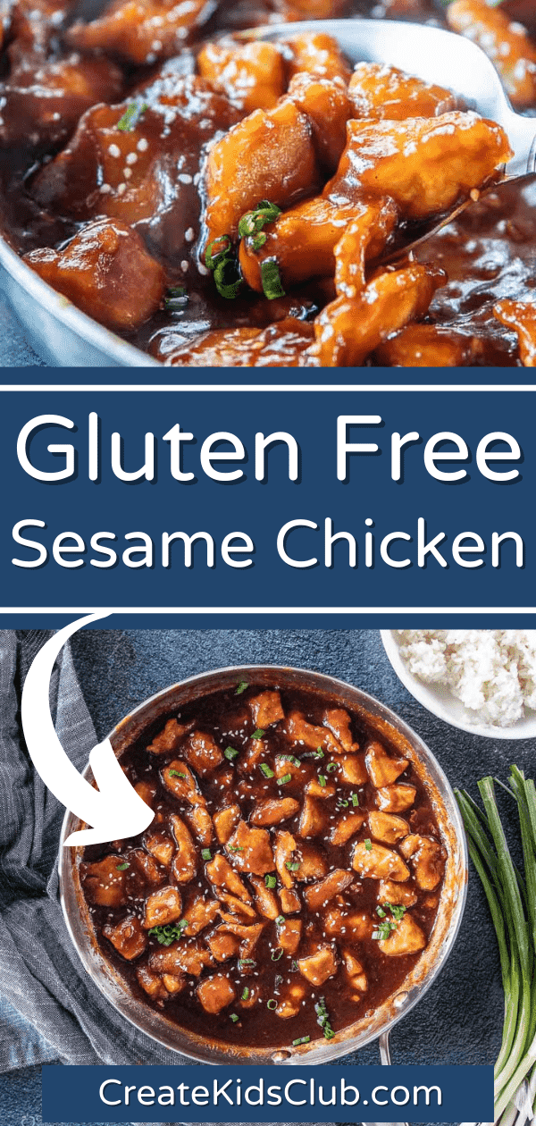 A Pinterest pin with two images of gluten free sesame chicken