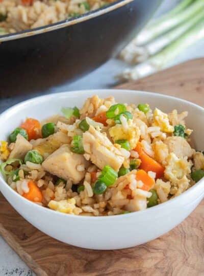 gluten-free chicken fried rice in bowl