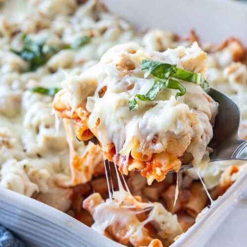 spoon scooping serving of chicken ziti