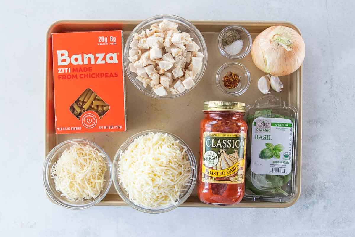ingredients for baked chicken ziti on sheet pan