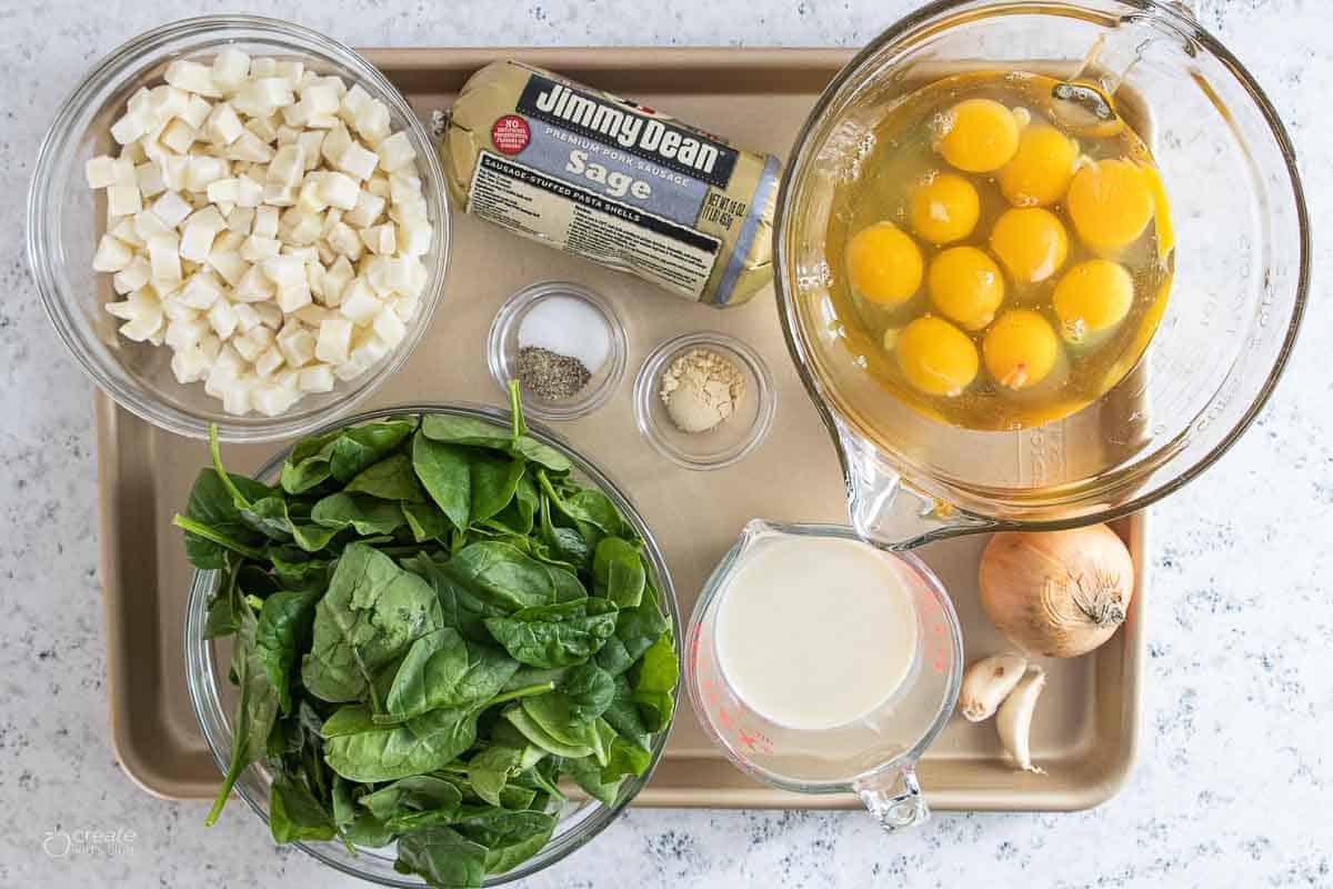 ingredients for dairy free breakfast casserole on sheet pan