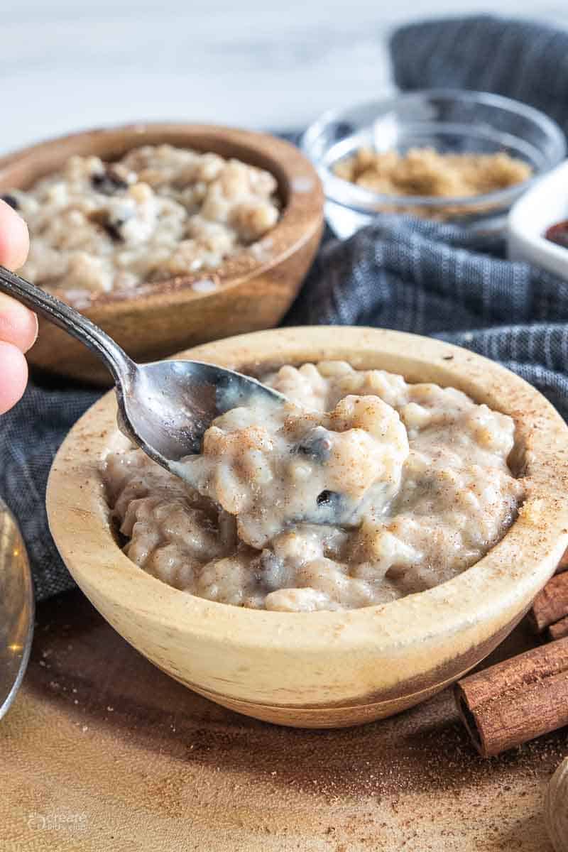 spoon in bowl of dairy free rice pudding