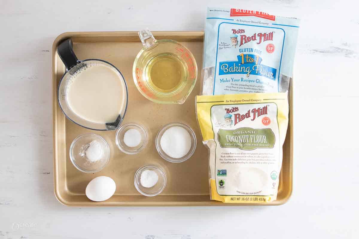 ingredients for dairy free waffles on sheet pan