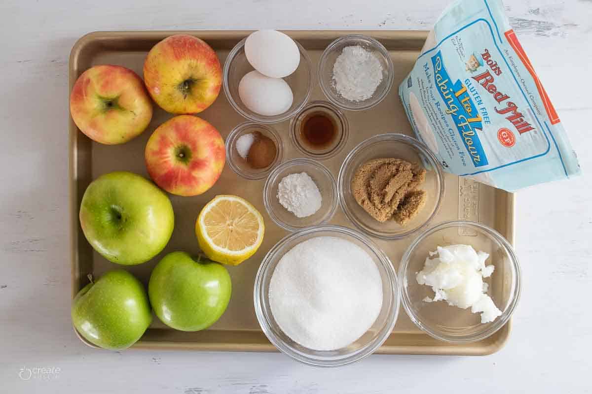 ingredients for gluten free apple cobbler on baking sheet