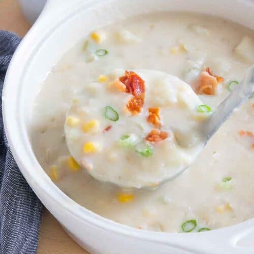 ladle scooping serving of gluten free potato soup