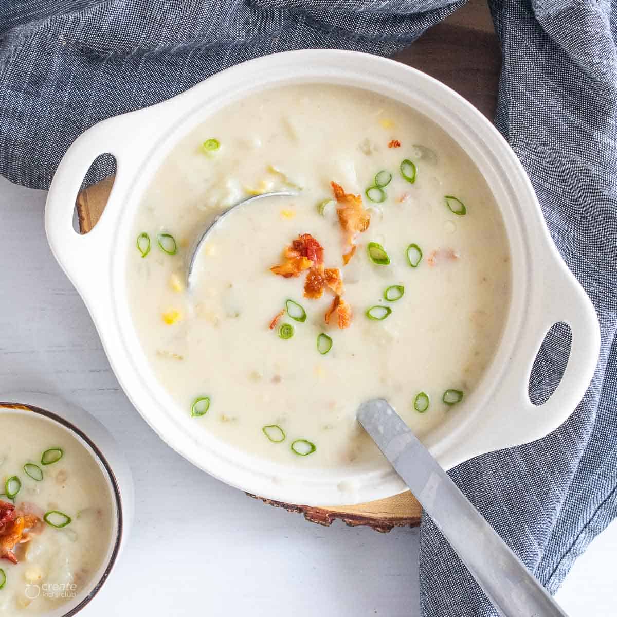 ladle in dish of gluten free potato soup