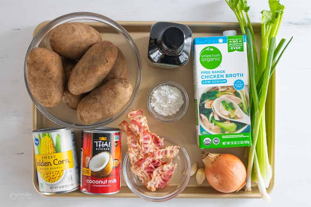 ingredients for gluten free potato soup on sheet pan