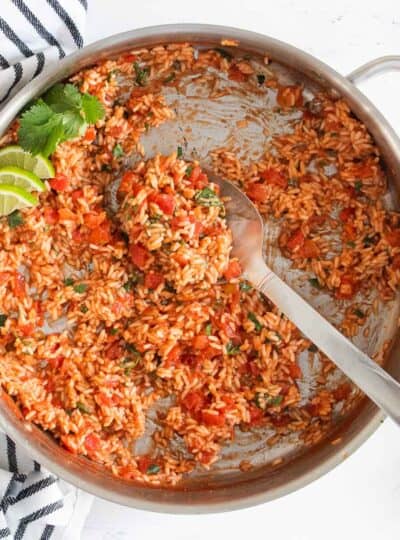 top down view of Spanish rice in pan