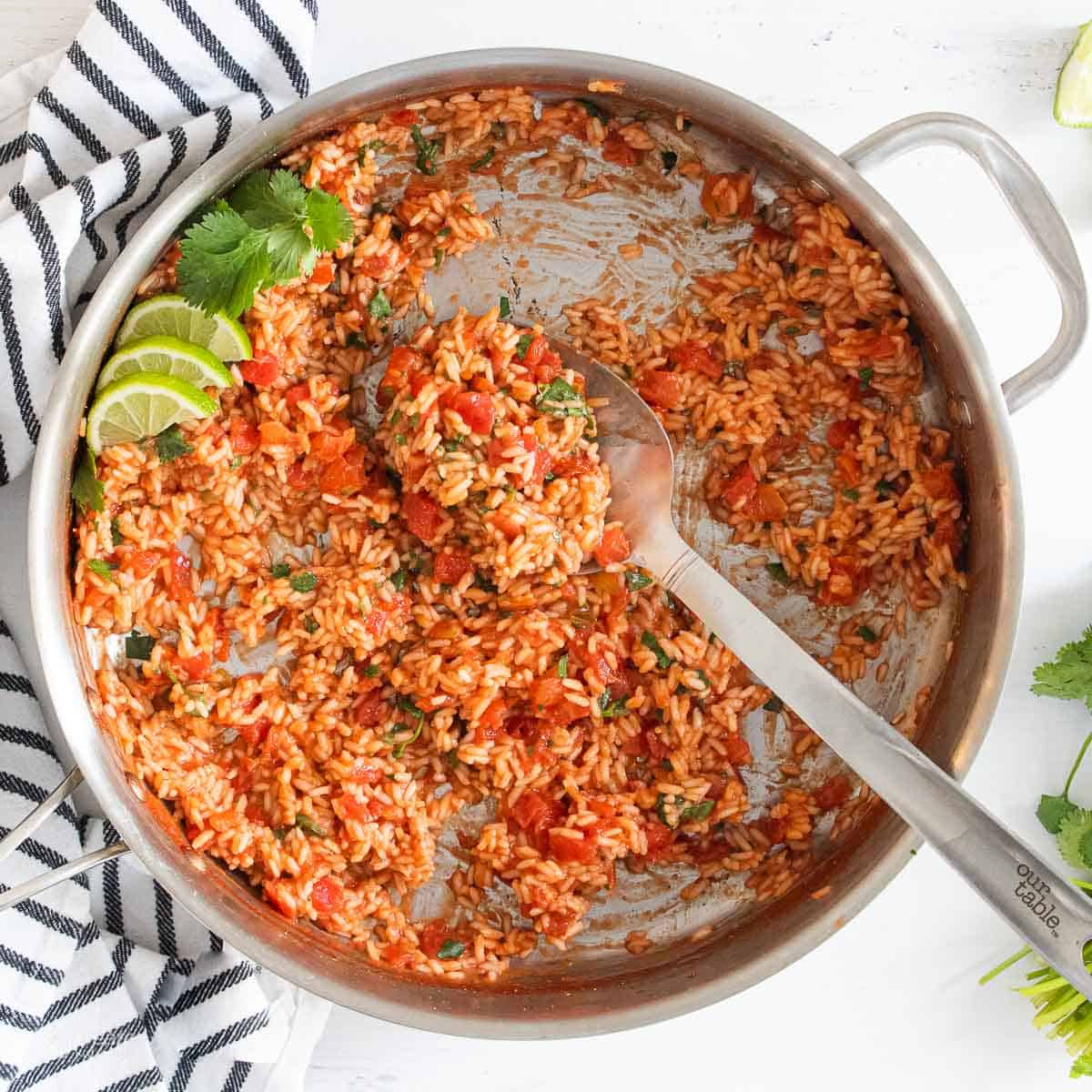 top down view of Spanish rice in pan