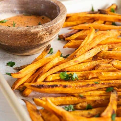 baked gluten free sweet potato fries on baking sheet