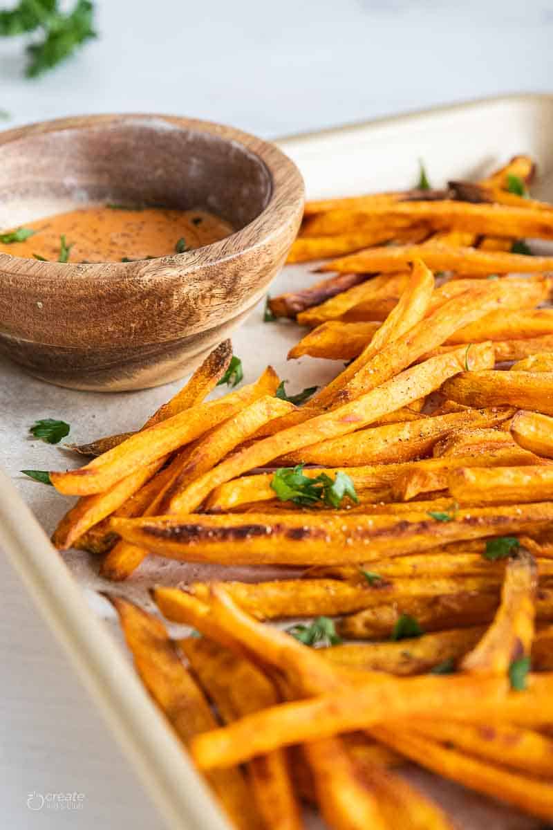 baked gluten free sweet potato fries on baking sheet