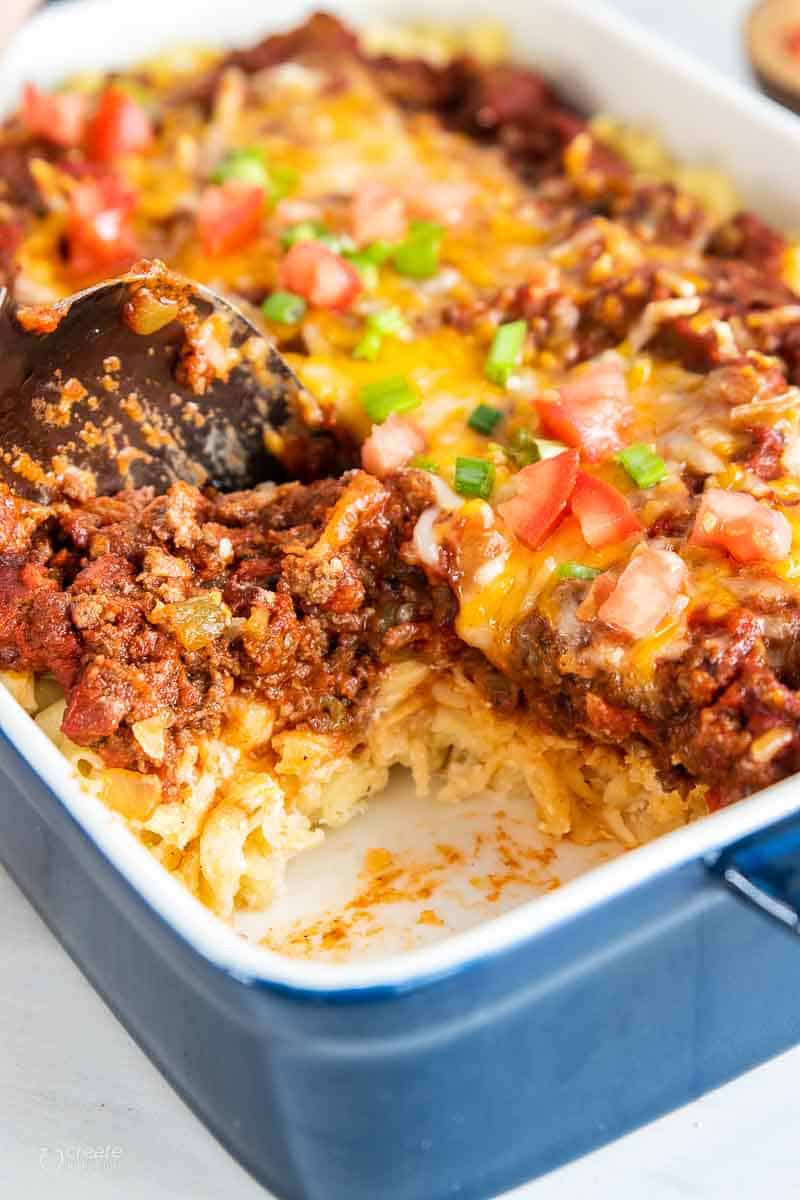 casserole serving scooped from baking dish