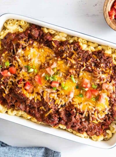 Top down view of a dairy free homestyle ground beef casserole in a baking pan.