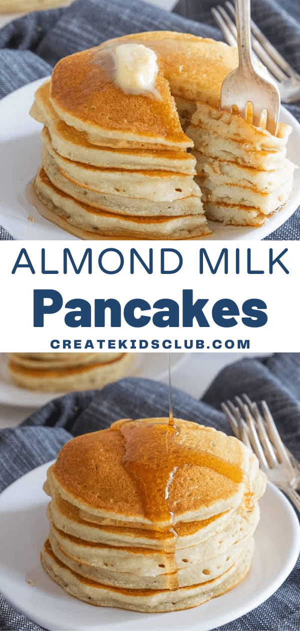 Two Pinterest images of almond milk pancakes