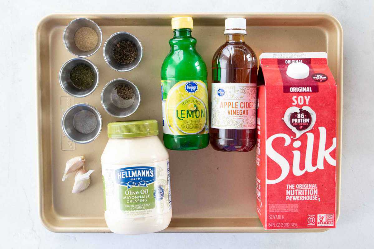 ingredients for dairy free ranch dressing on a sheet pan