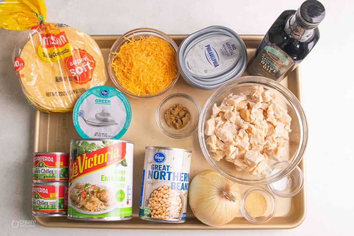ingredients for gluten free chicken enchiladas on sheet pan