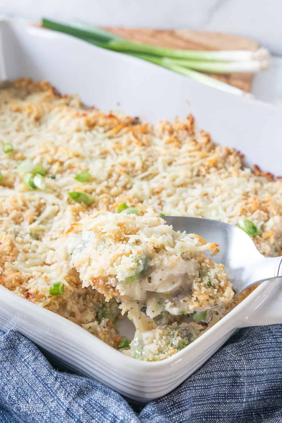 gluten free chicken casserole scooped from dish