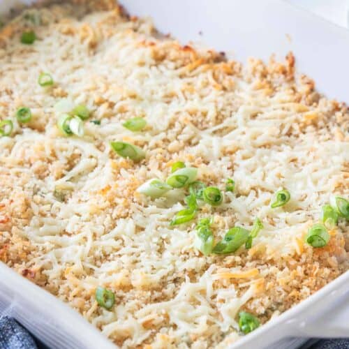 close up view of grandmas chicken casserole in baking dish