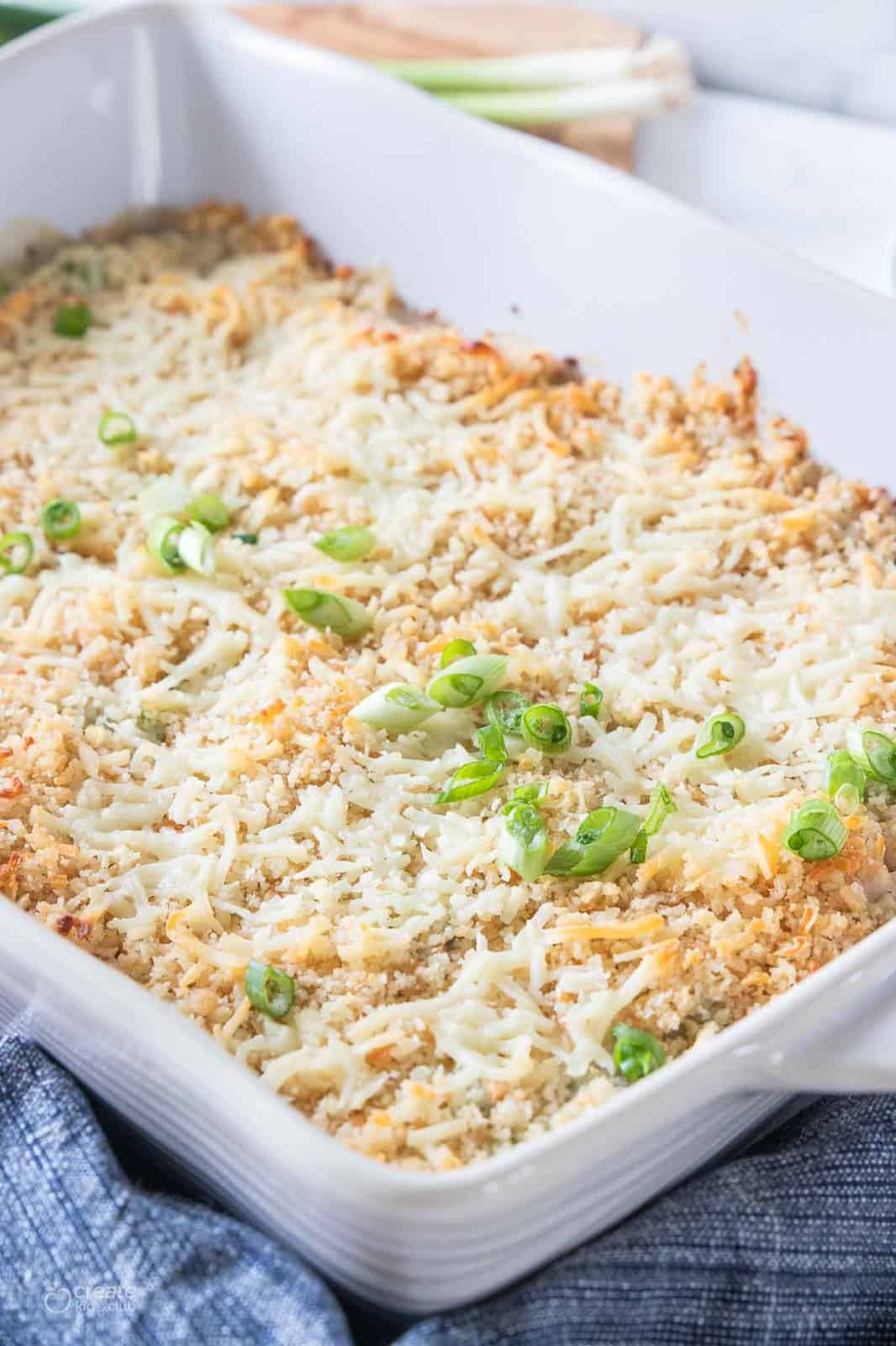 close up view of grandmas chicken casserole in baking dish