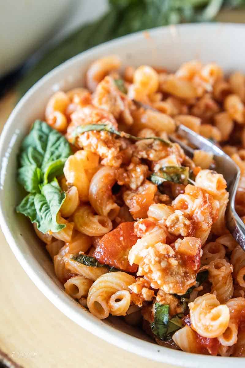 ground chicken parmesan pasta in white bowl with fork