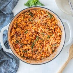 top down view of ground chicken parmesan pasta