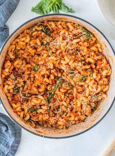 top down view of ground chicken parmesan pasta