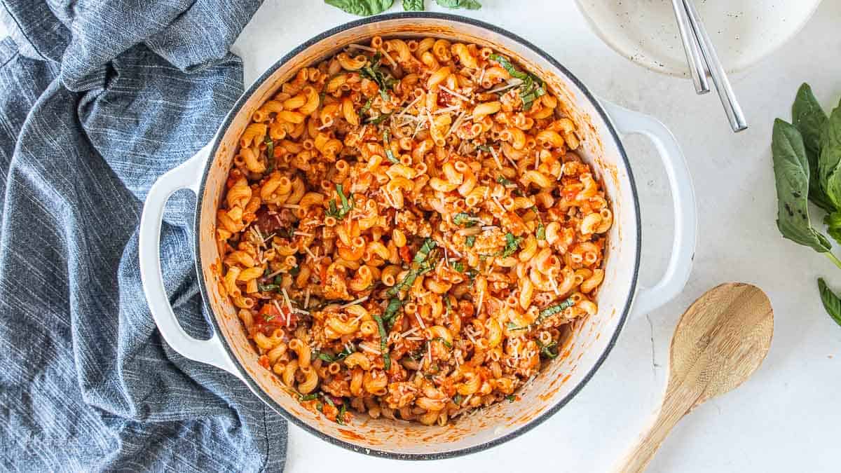 top down view of ground chicken parmesan pasta