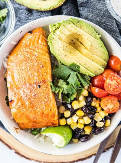 top down view of salmon buddha bowl