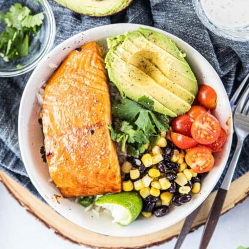 top down view of salmon buddha bowl