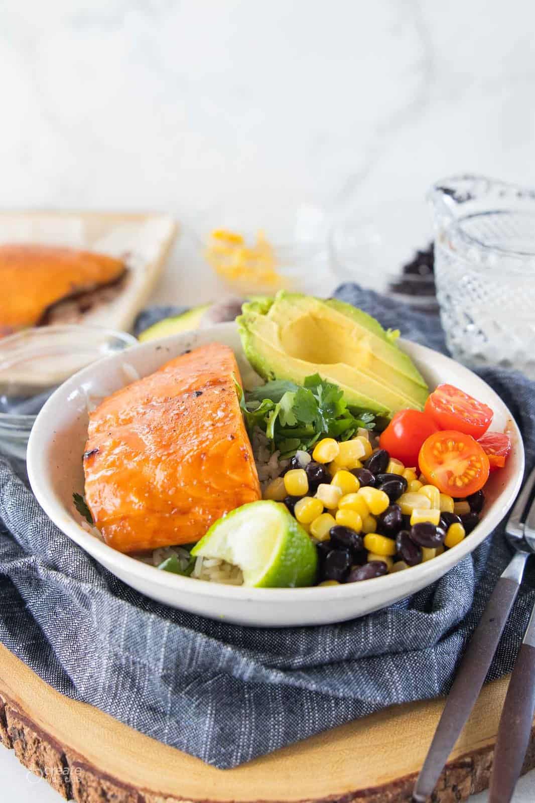 side view of salmon buddha bowl