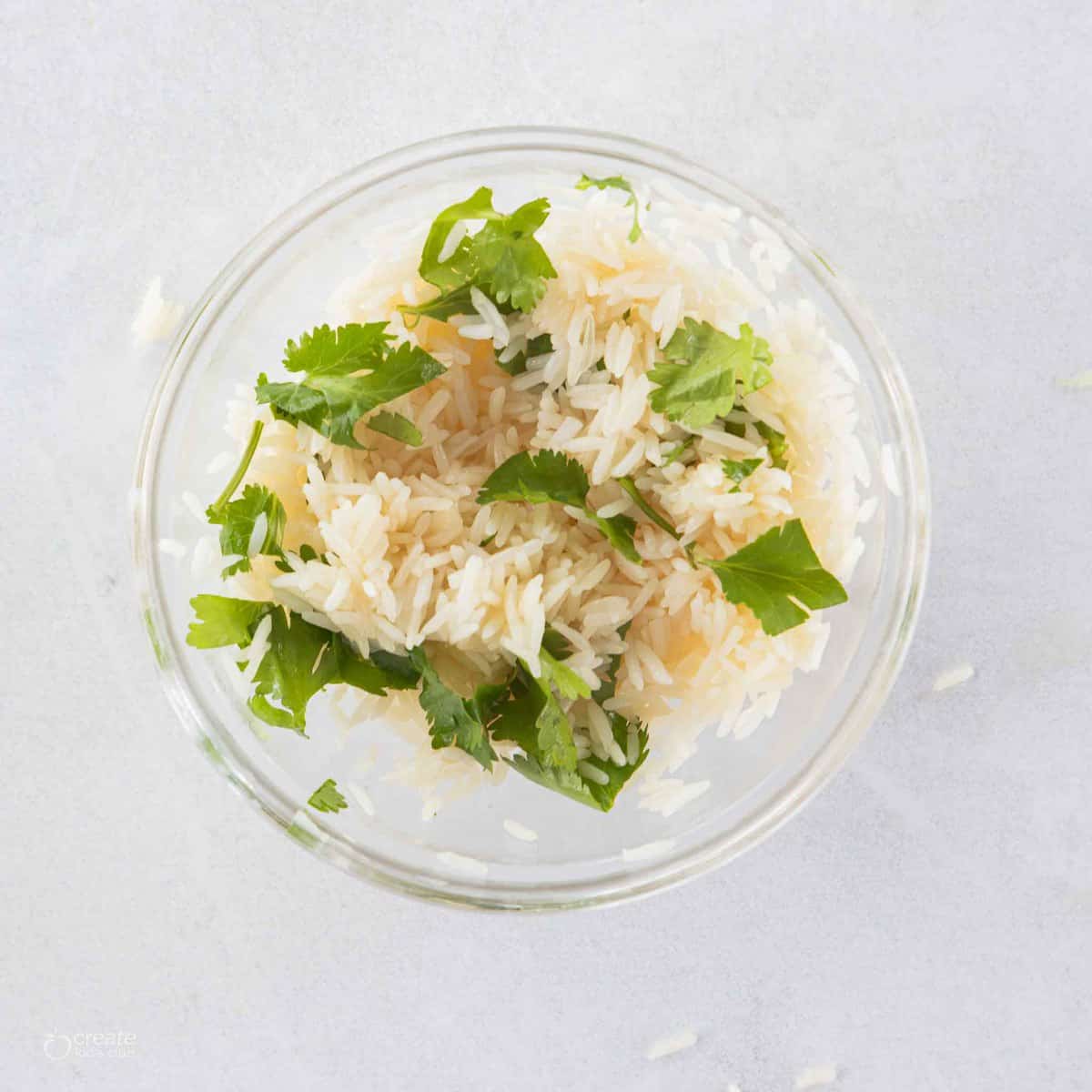 top down view of cilantro rice in bowl