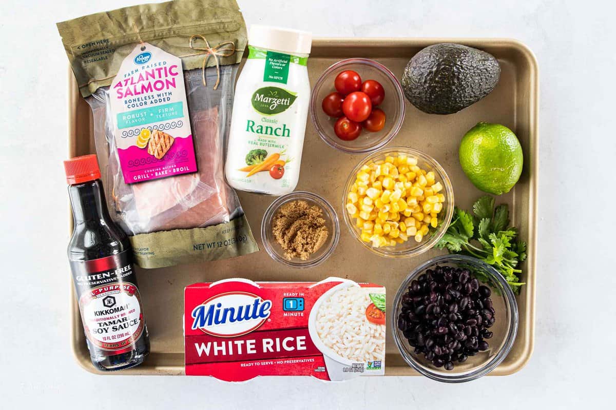 ingredients for salmon buddha bowl on sheet pan