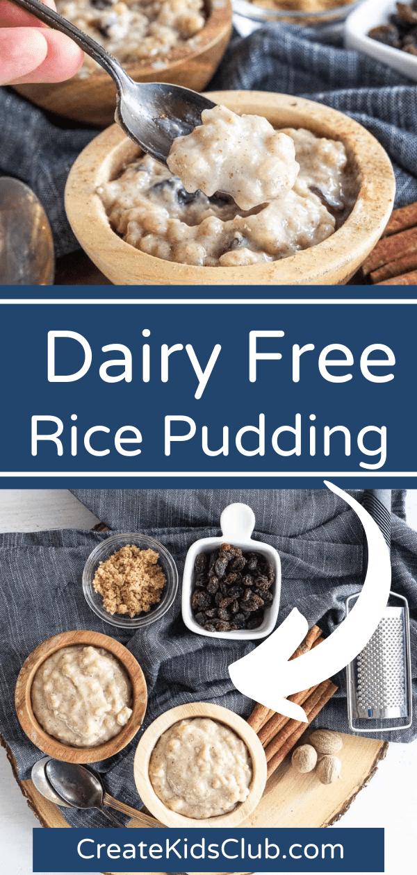 two Pinterest images of dairy free rice pudding
