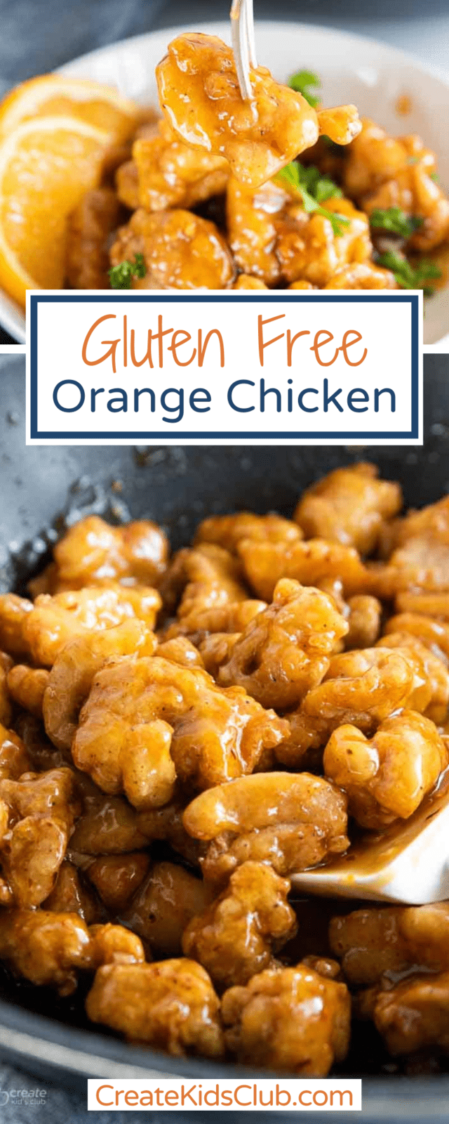 two Pinterest images of gluten free orange chicken