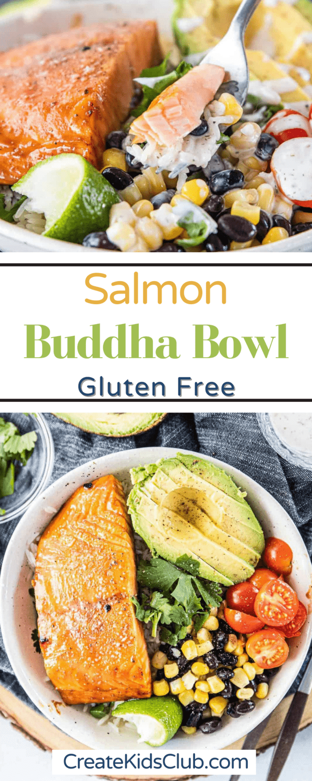 two Pinterest images of gluten free salmon buddha bowl