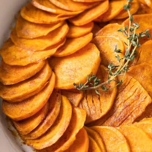 baked sweet potato slices shown after baking up close.