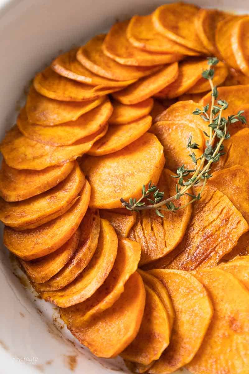 baked sweet potato slices shown after baking up close.