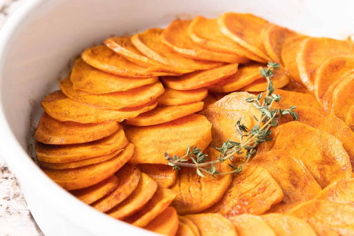 baked sweet potato slices shown after baking up close.