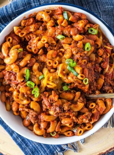 Chili Mac cooked in the instant pot shown in a white bowl.