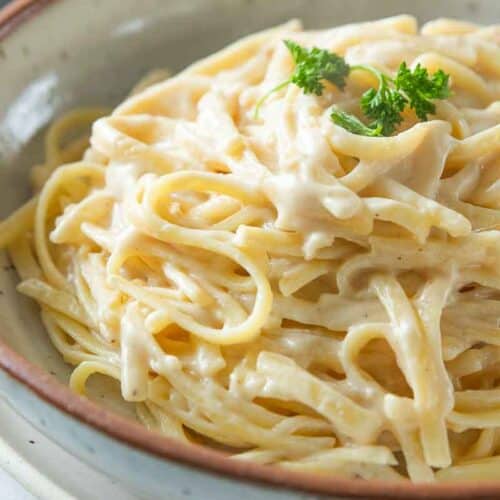 side view of alfredo in bowl
