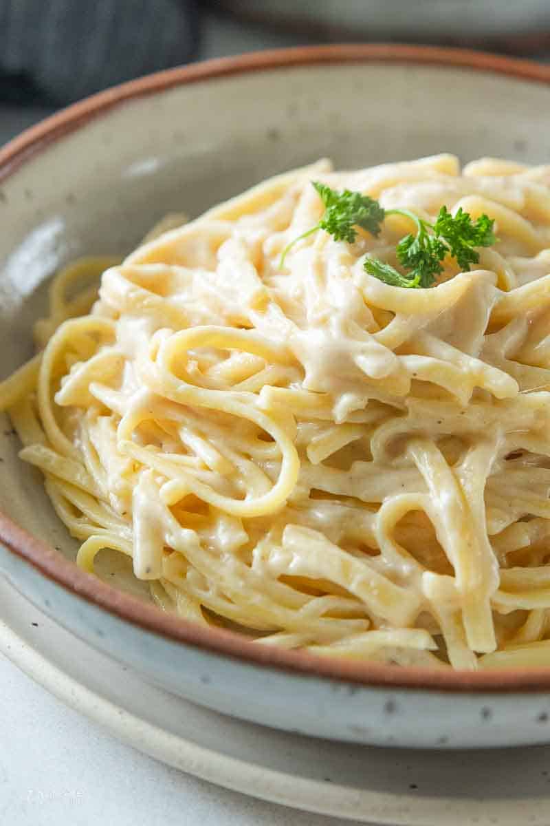 side view of alfredo in bowl