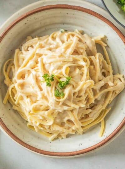 top down view of alfredo in bowl