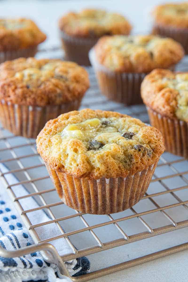 chocolate chip banana muffins on wire rack