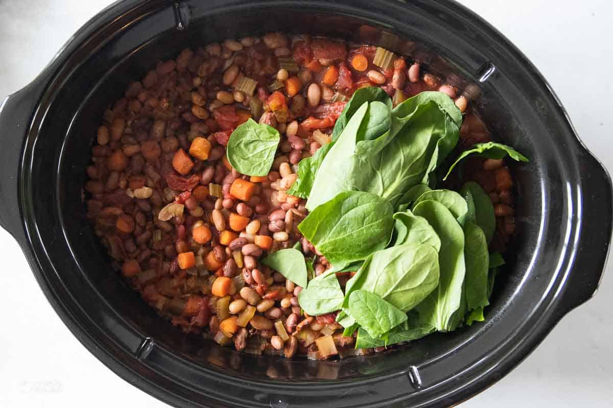 fresh basil on top of minestrone soup