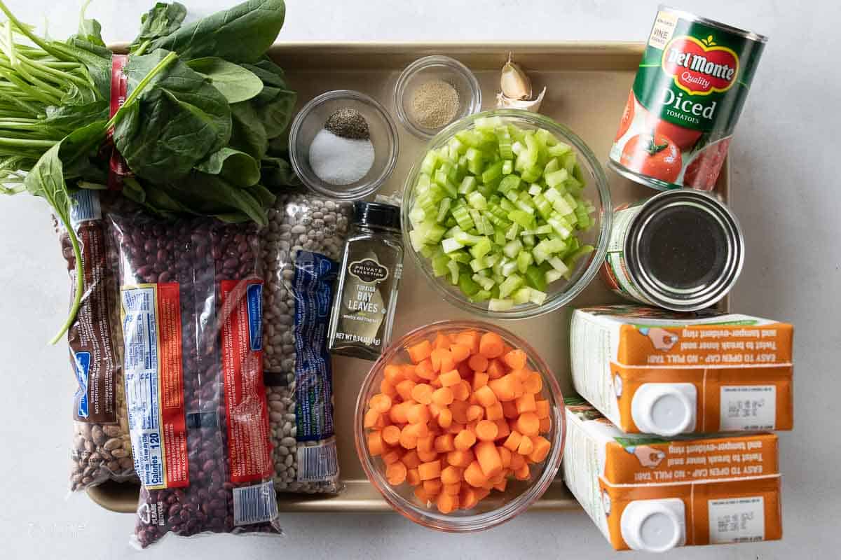 ingredients for gluten free minestrone soup on sheet pan