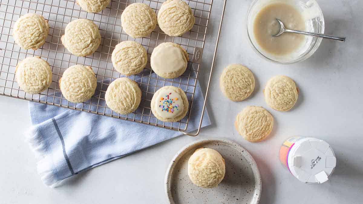 top down view of Dairy Free Sugar Cookies Recipe being iced